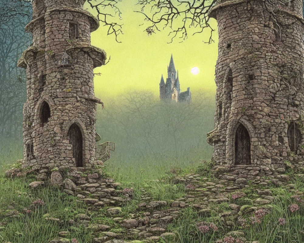 Ancient stone towers with arched doorways in forest clearing, overgrown with vegetation, distant castle