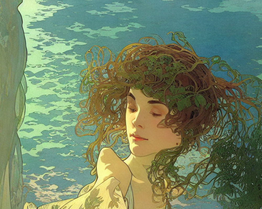 Woman with flowing hair merges with sea background in art nouveau style.