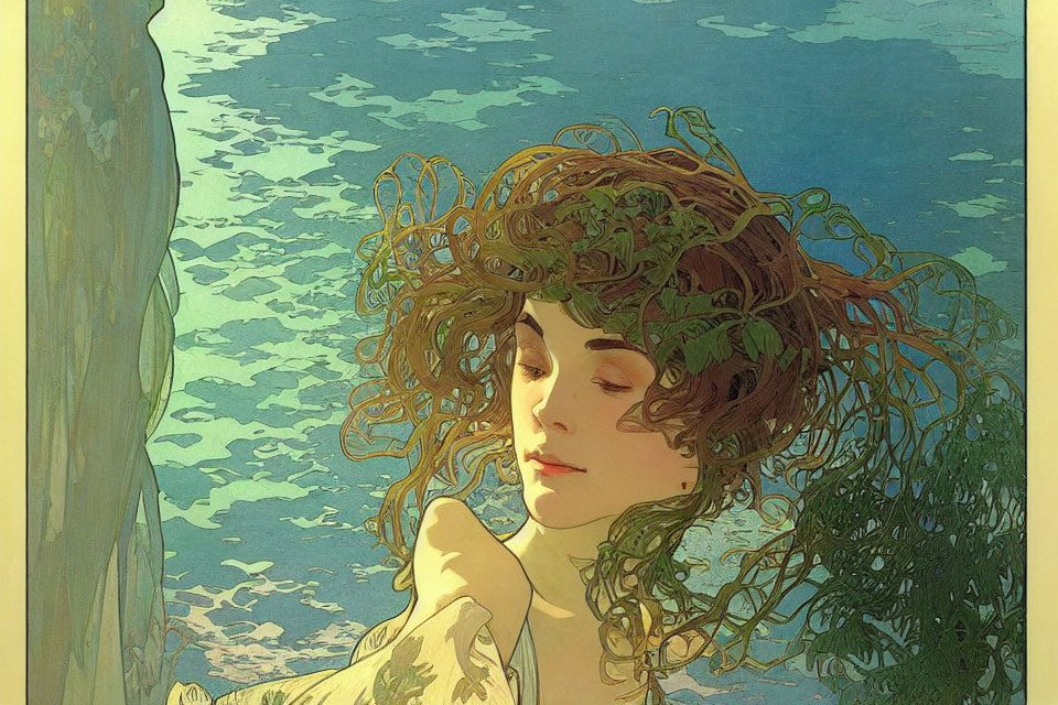 Woman with flowing hair merges with sea background in art nouveau style.