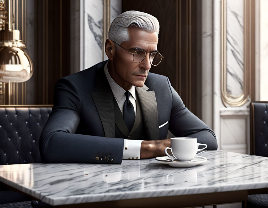 Senior man in tailored suit with coffee at marble table