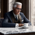 Senior man in tailored suit with coffee at marble table