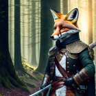 Anthropomorphic fox in medieval armor wields sword in misty forest