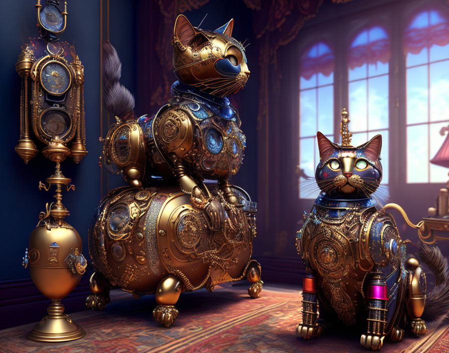 Intricate Gear-and-Clockwork Mechanical Cats in Luxurious Room