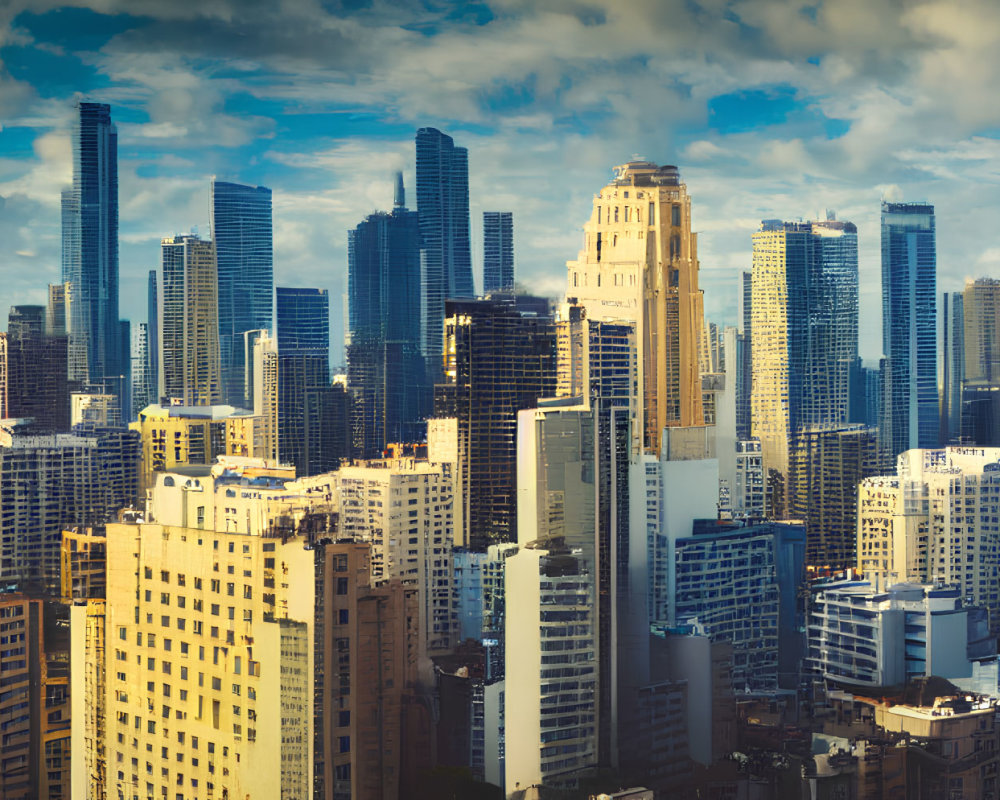 Modern and older high-rise buildings in a cityscape under a partly cloudy sky