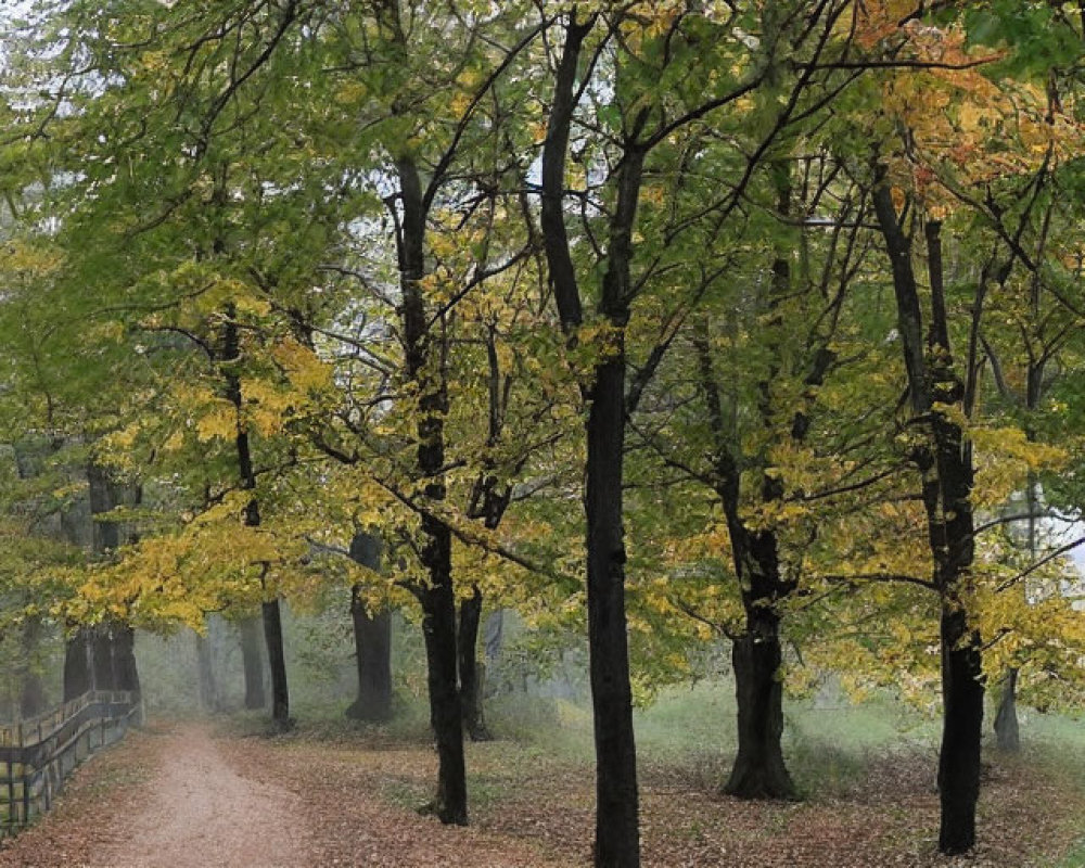 Tranquil forest path with autumn trees and misty backdrop