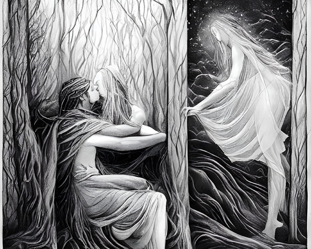 Monochromatic illustration of couple embracing in kiss with ghostly figure and starry night background