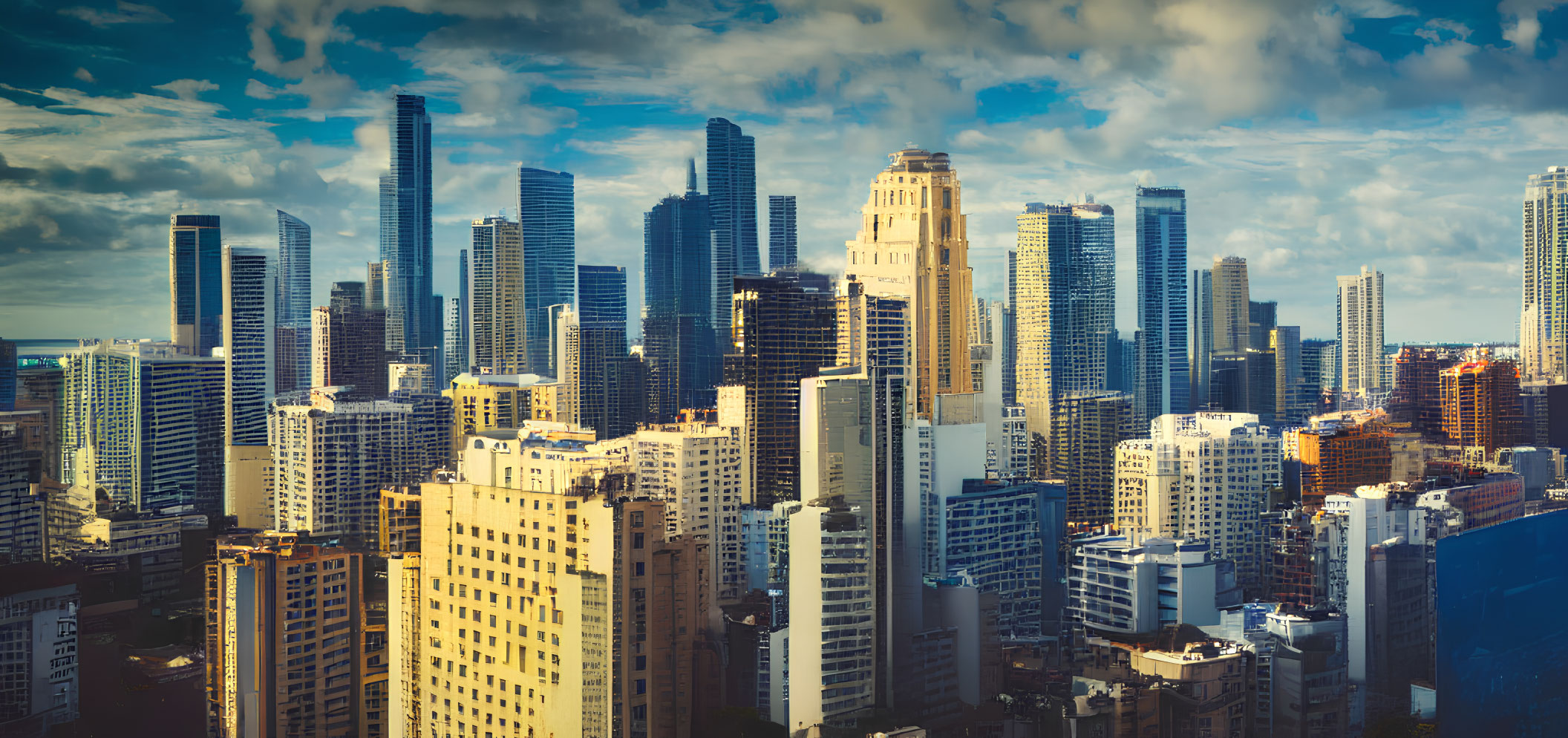 Modern and older high-rise buildings in a cityscape under a partly cloudy sky