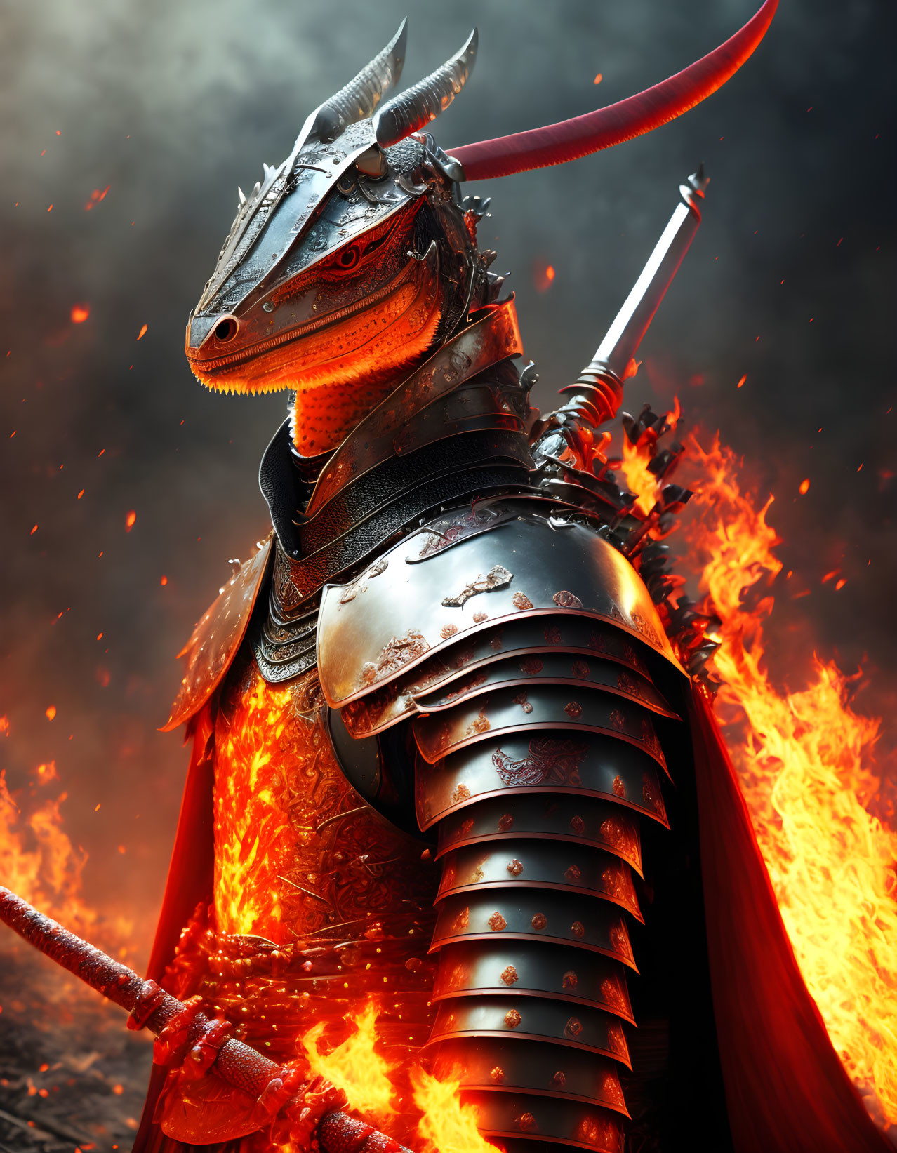 Dragon in Samurai Armor Amidst Flames with Fiery Gaze