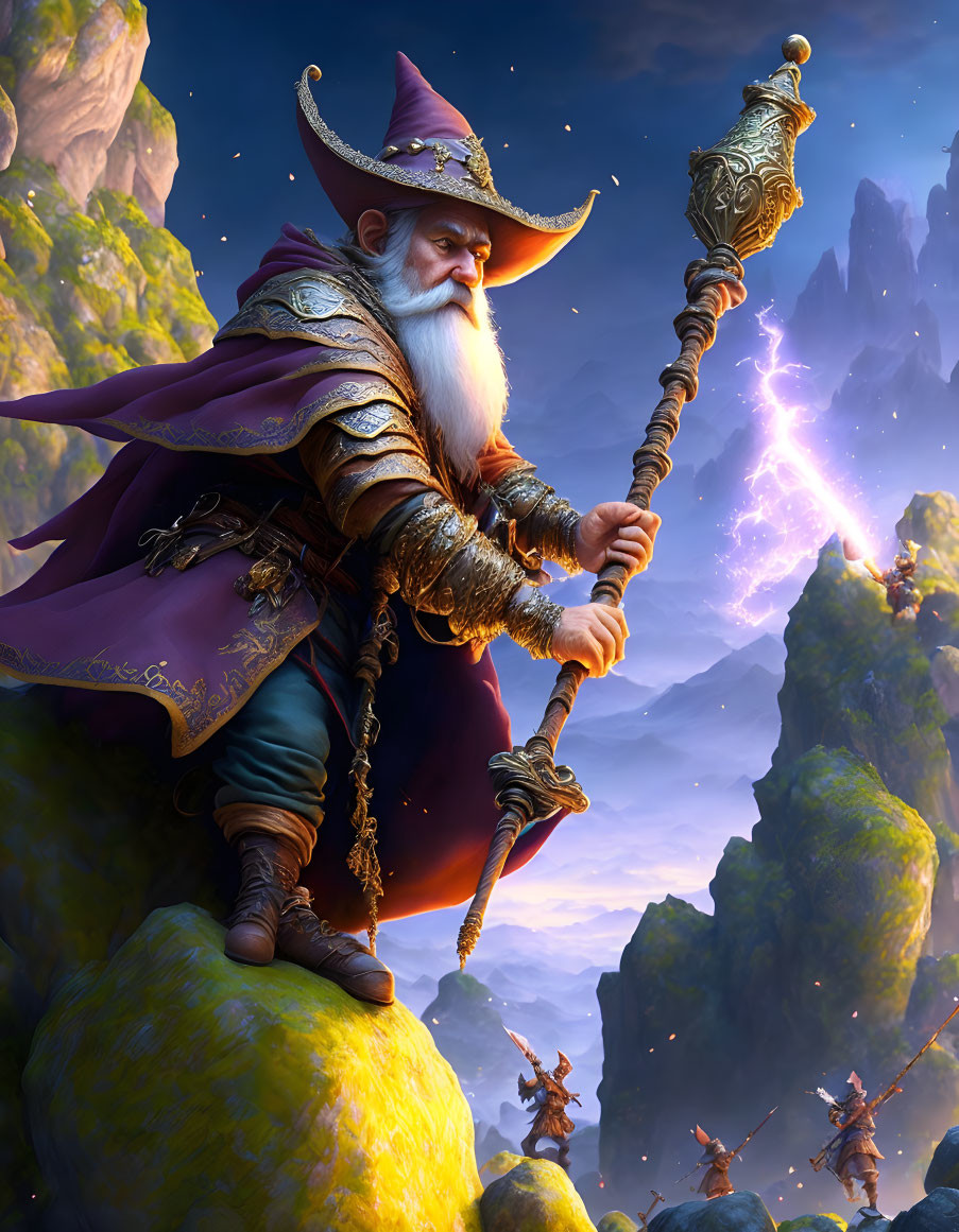 Illustrated wizard with beard and hat in mystical landscape.