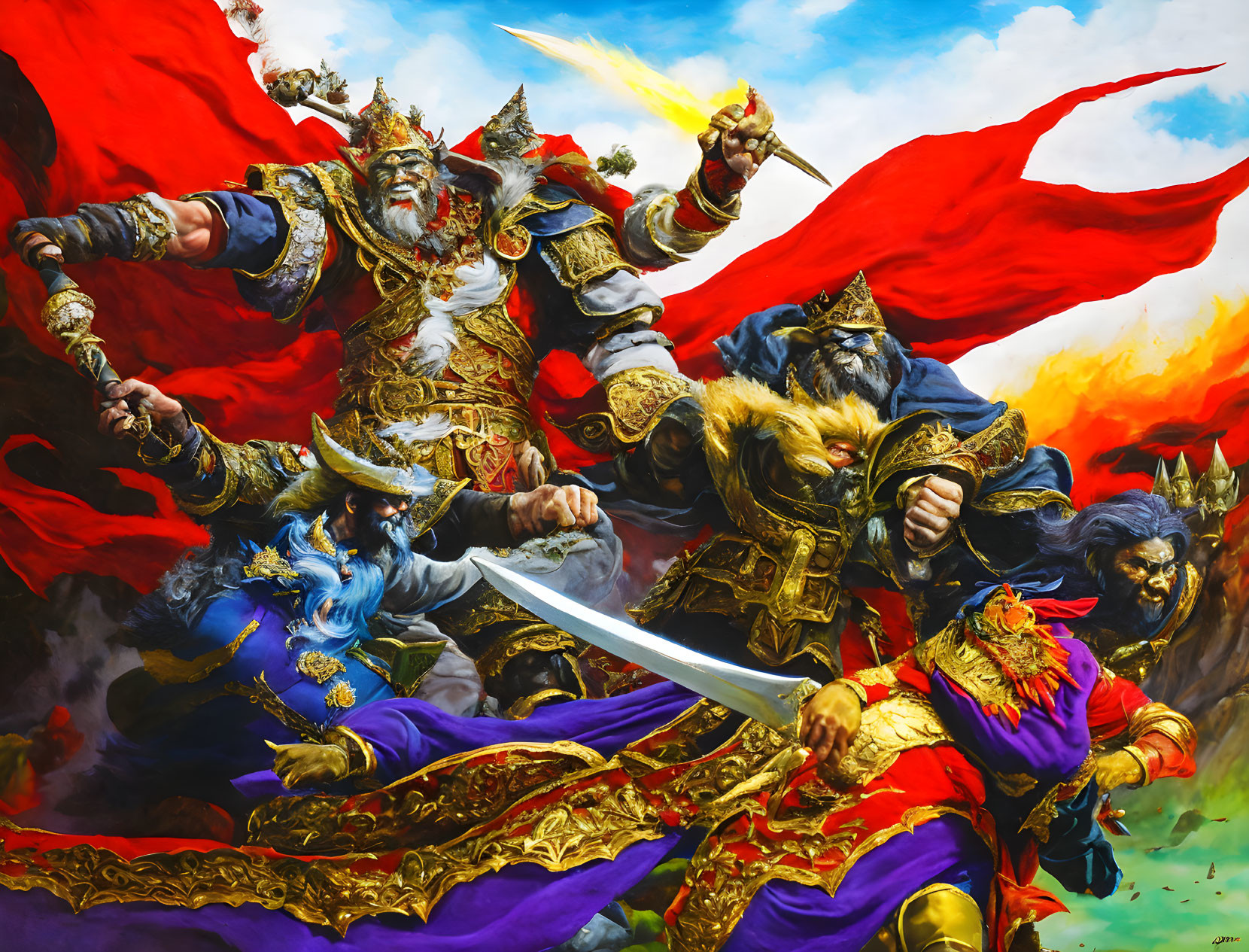 Four mythical warriors in ornate armor under a red flag, wielding weapons in a colorful scene