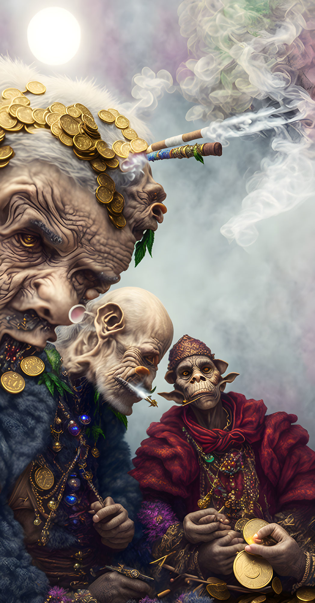 Fantasy goblin creatures with gold coins and jewelry in surreal artwork