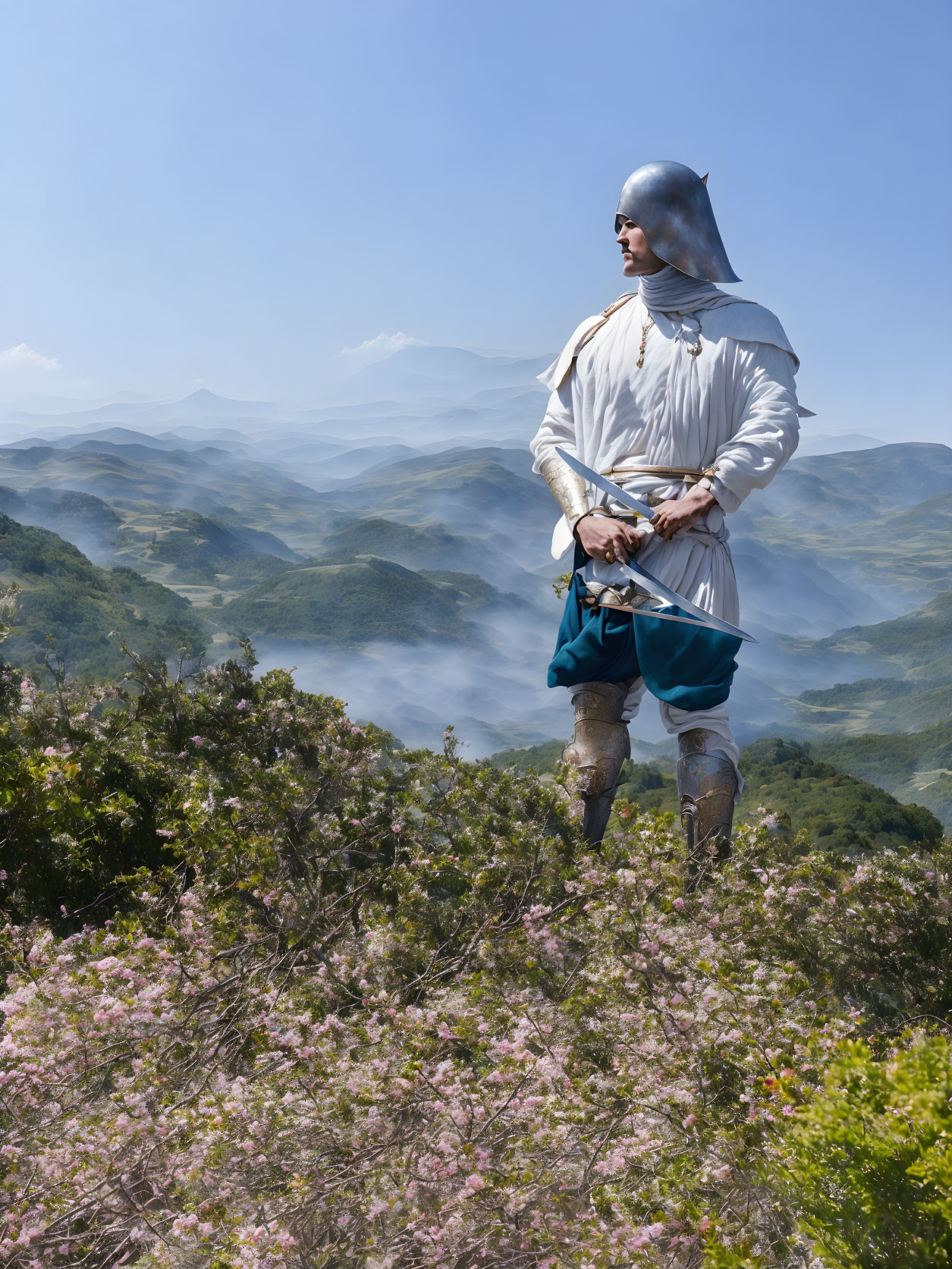 Medieval knight in armor on hill with misty mountain landscape