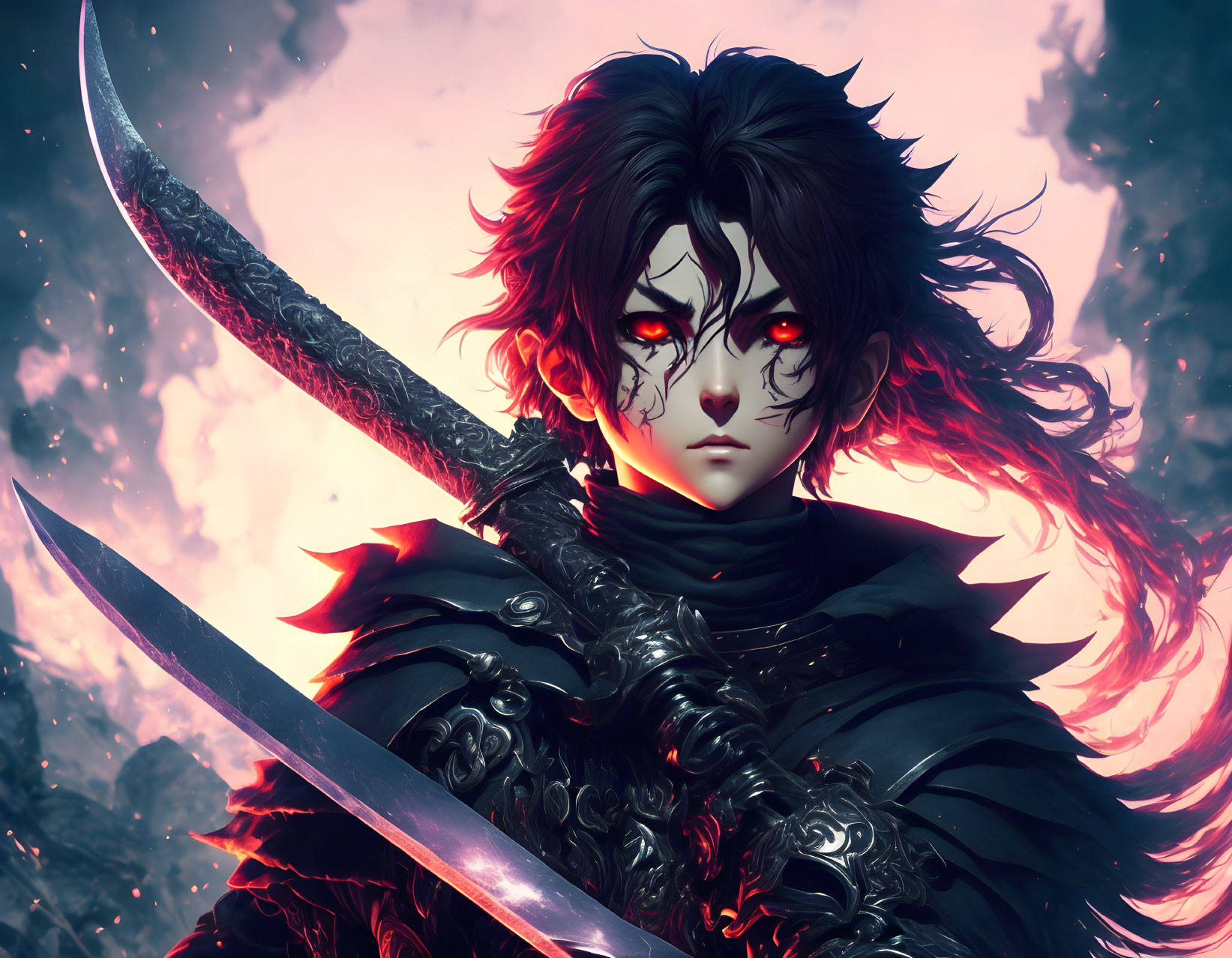 Animated warrior with red eyes and sword in fiery backdrop