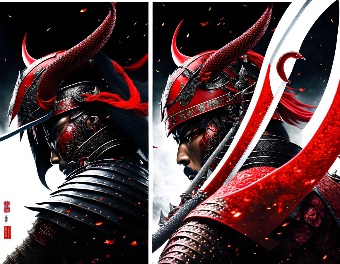 Samurai warrior portrait in red and black armor with katana on white and red background