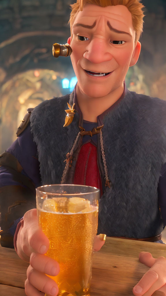 Animated character with auburn hair holding beer mug in tavern setting