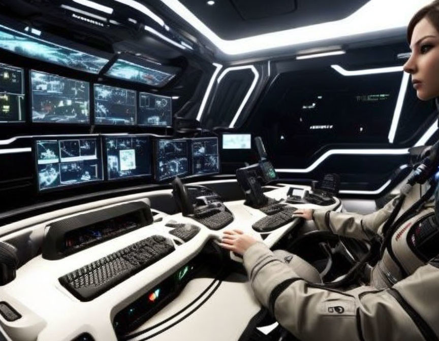 Person at high-tech control station with multiple screens in futuristic setting