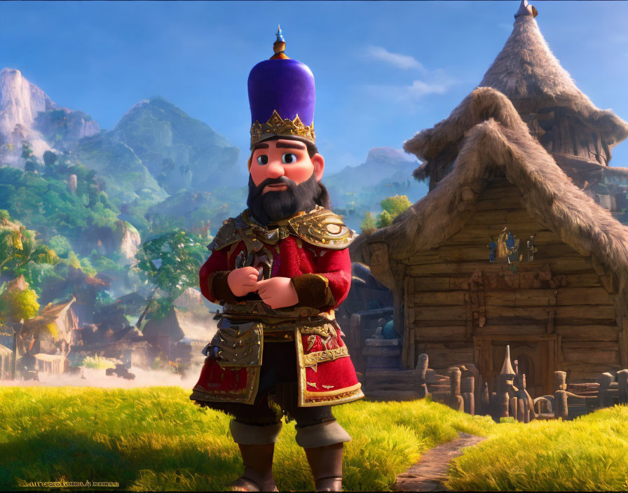 Regal animated king in front of rustic village landscape