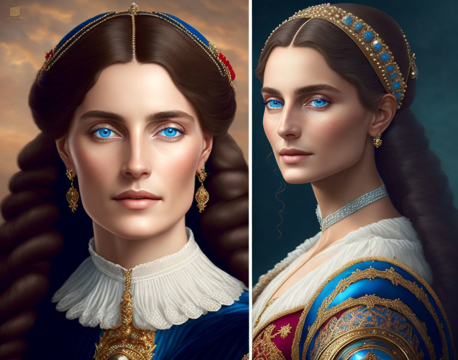 Portrait of Woman with Striking Blue Eyes and Royal Attire