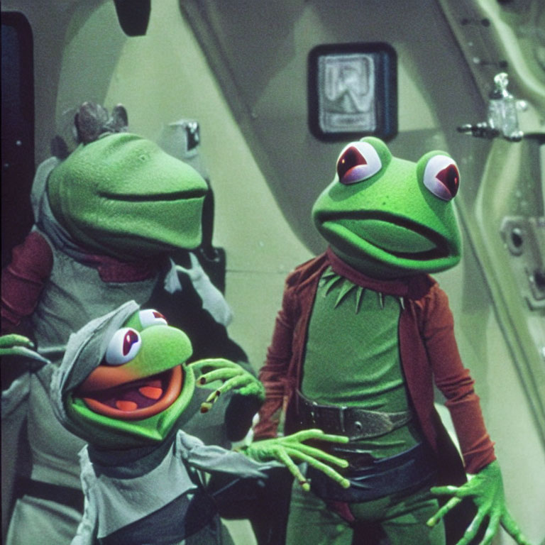 Three Puppet Frogs in Spaceship: Spacesuit, Waistcoat, and Sweater