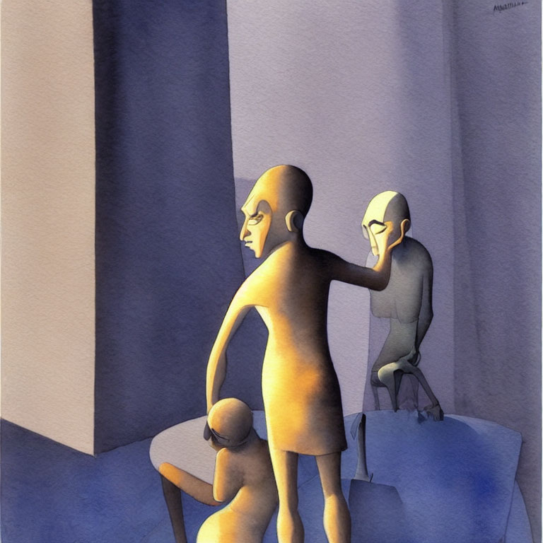 Stylized yellow and blue figures with elongated shadows in geometric scene