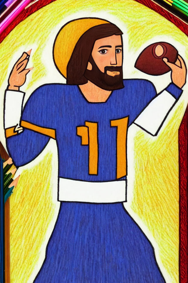 Person with Halo in American Football Jersey Holding Football on Colorful Background