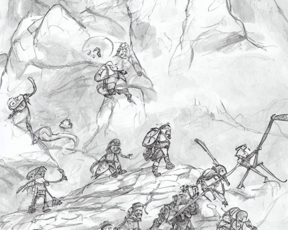 Sketched warriors in armor on epic mountain journey