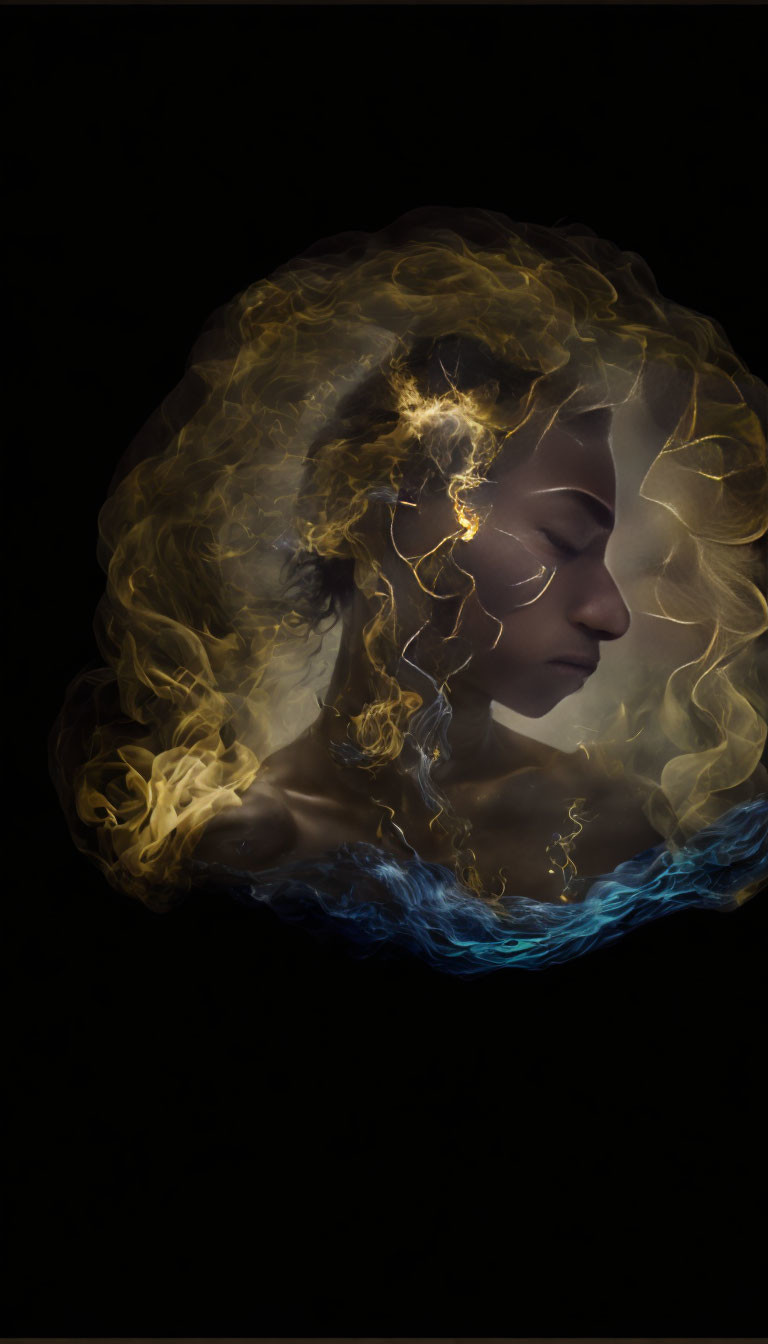 Profile of a person with head in translucent sphere, golden and blue lights.