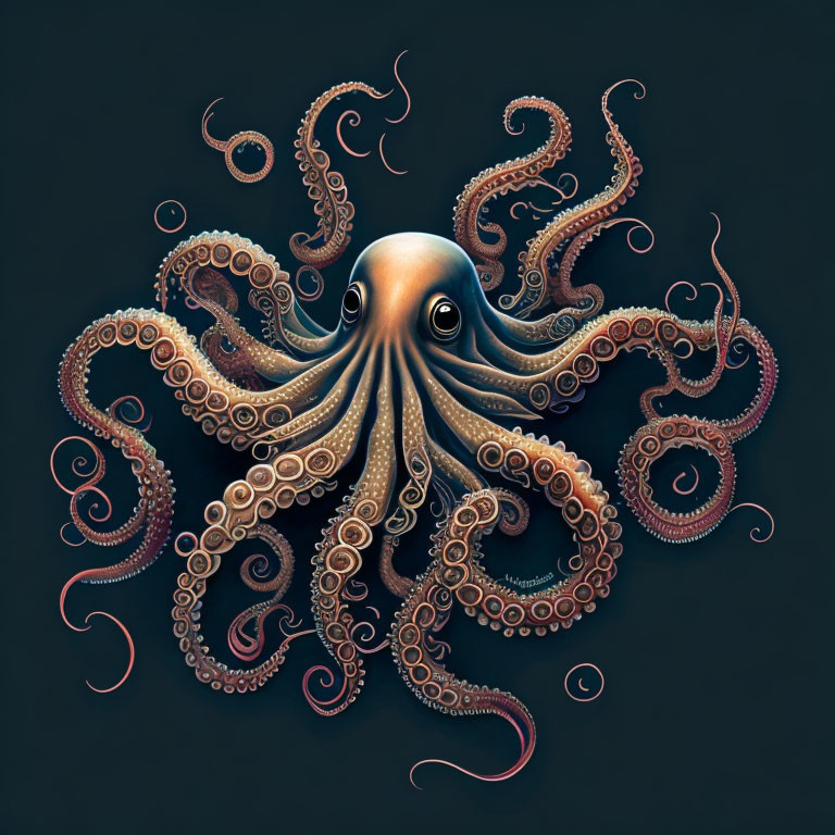 Detailed Octopus Illustration with Swirling Tentacles on Dark Background