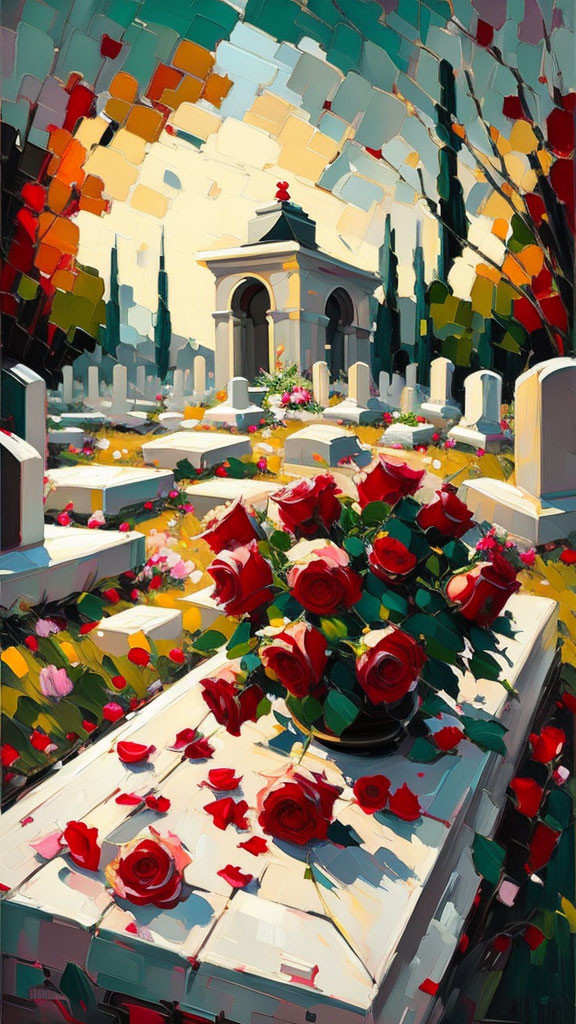 Colorful painting of cemetery with red roses, mausoleum, and city skyline