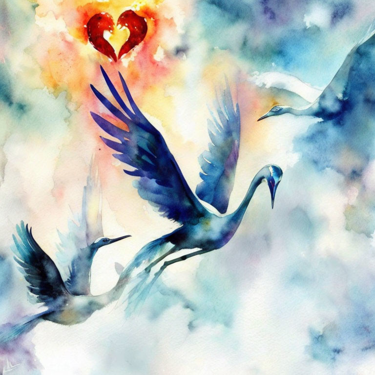 Colorful Watercolor Painting: Three Cranes in Flight with Heart Symbol