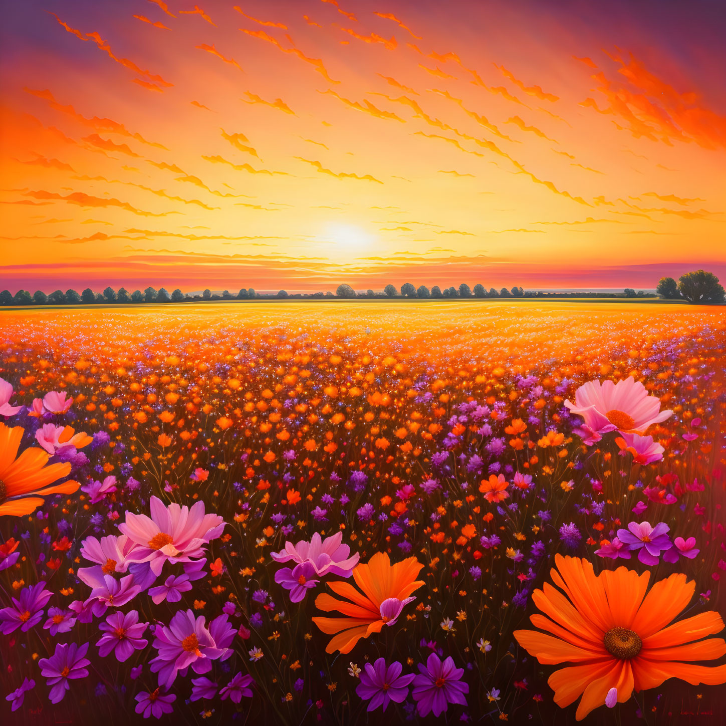 Colorful Wildflower Field Under Orange Sunset Sky