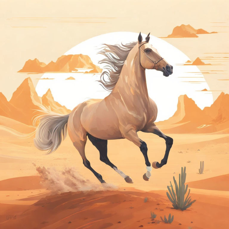 Palomino horse galloping in desert landscape with mountains and sun