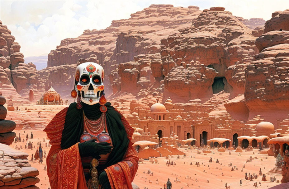 Figure in red skull mask against futuristic desert backdrop.