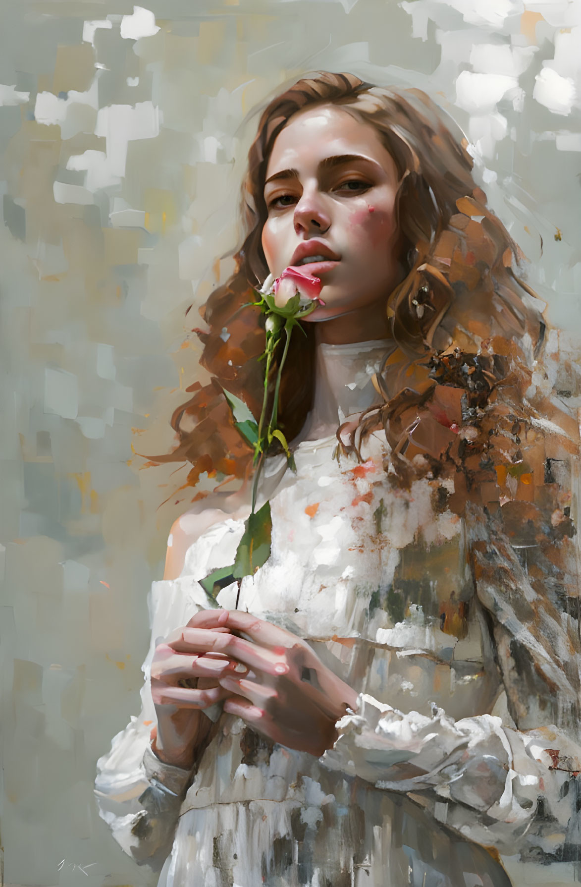 Woman Holding Pink Rose in Realistic Painterly Style