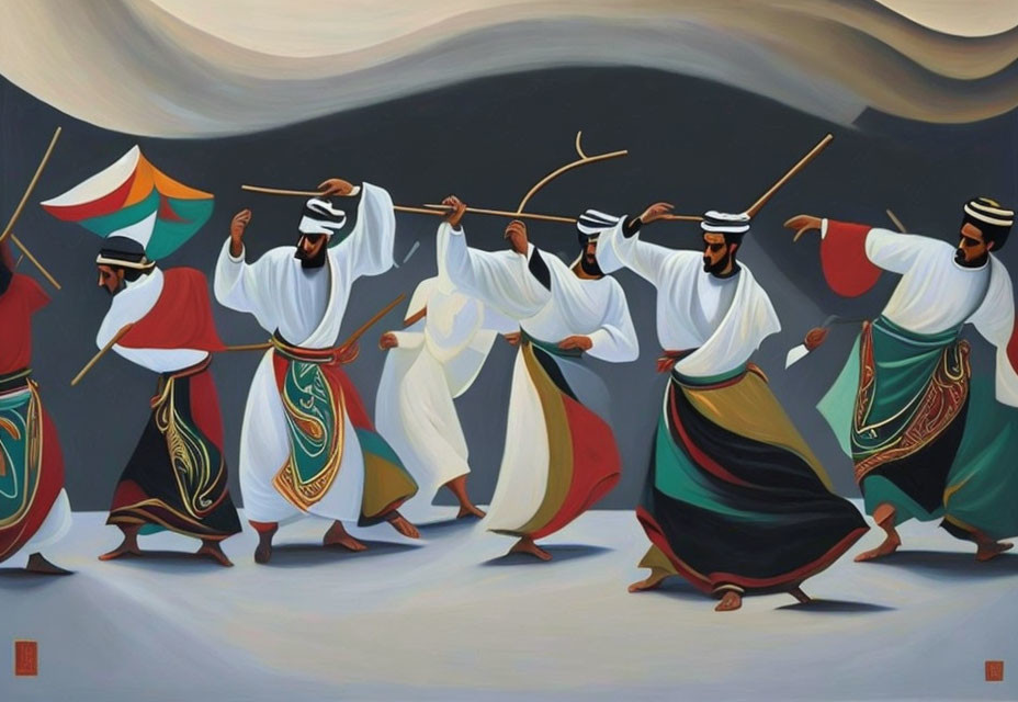 Eight men in Middle Eastern attire perform traditional dance with sticks and flag in desert setting