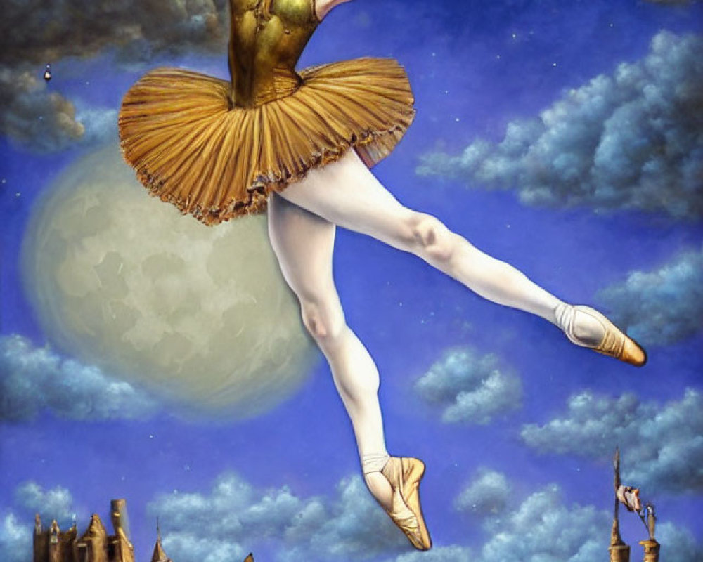 Whimsical painting of ballerina, monkey on bicycle, castles, and moon