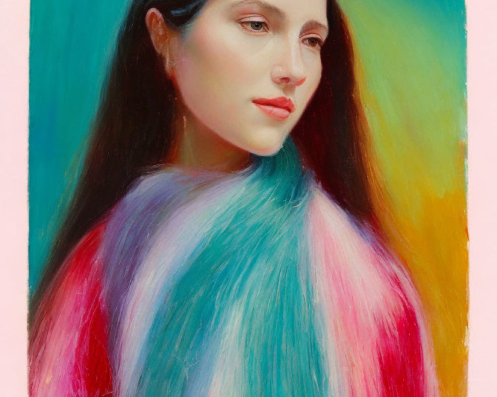 Colorful portrait of woman with long hair in rainbow gradient against pastel background, serene expression.