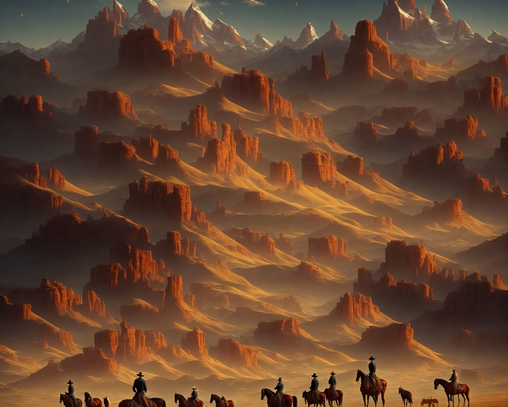 Equestrians riding through desert with mountains under dramatic sky