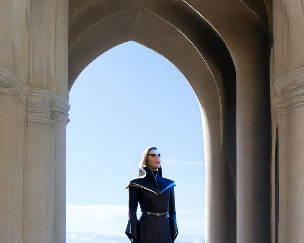 Person in stylish coat overlooking mountain landscape from high structure