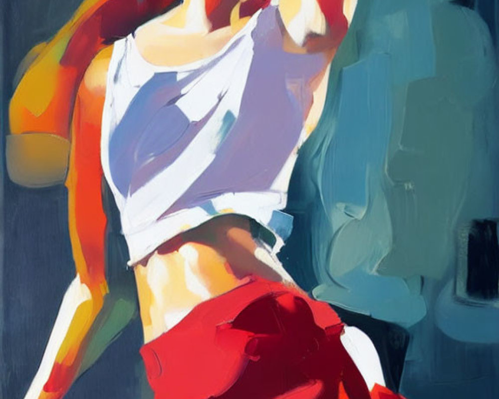 Abstract painting of woman with red hair in white top, bold colors