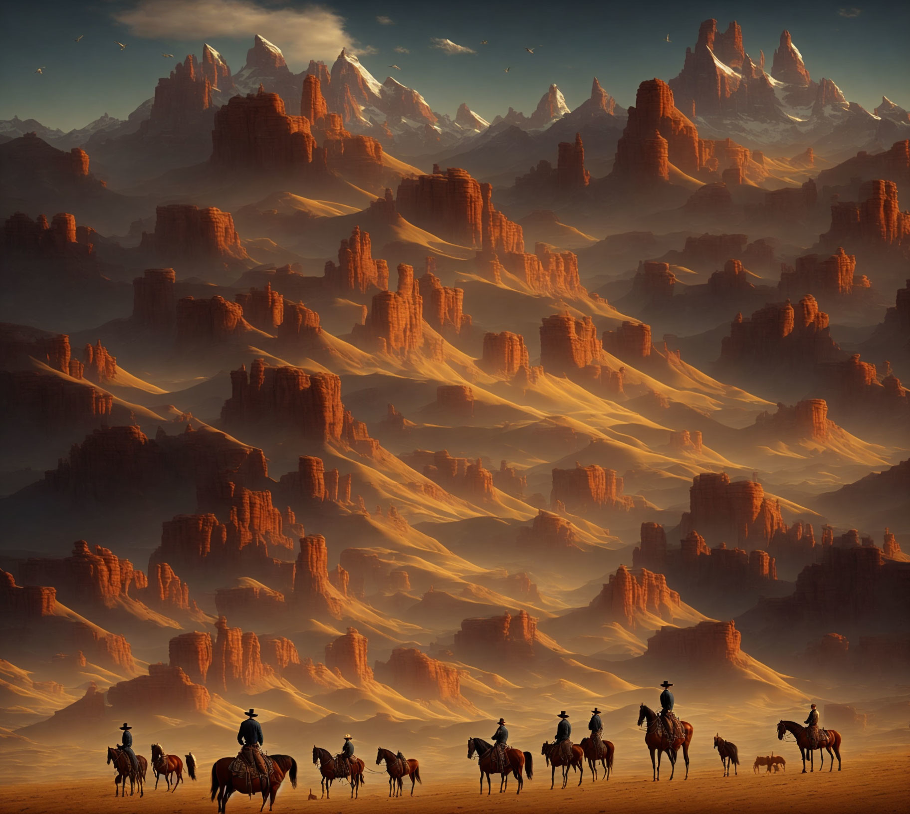 Equestrians riding through desert with mountains under dramatic sky