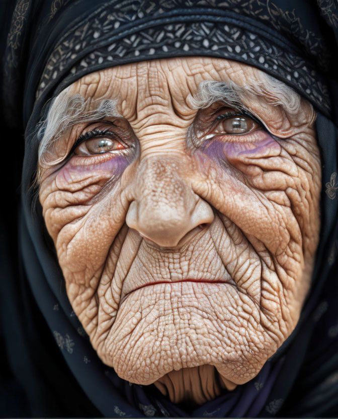 Elderly woman with deep wrinkles and grey eyebrows in black headscarf