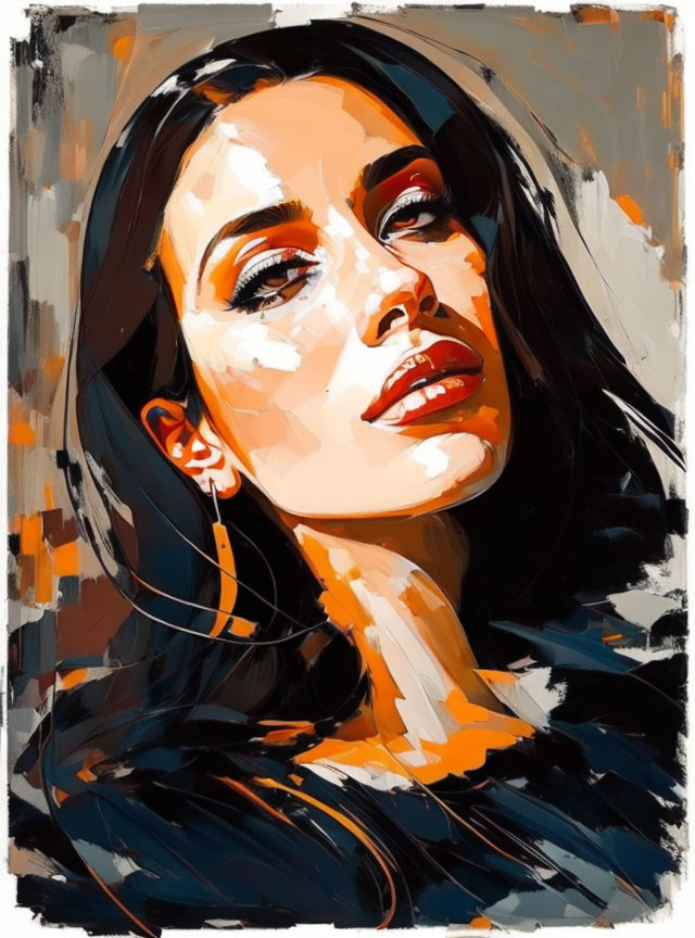 Vibrant portrait of a woman with expressive eyes and bold brush strokes