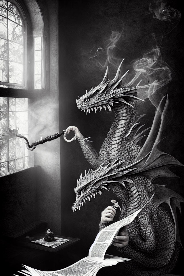 Monochrome illustration of a chained dragon controlled by a person with a book