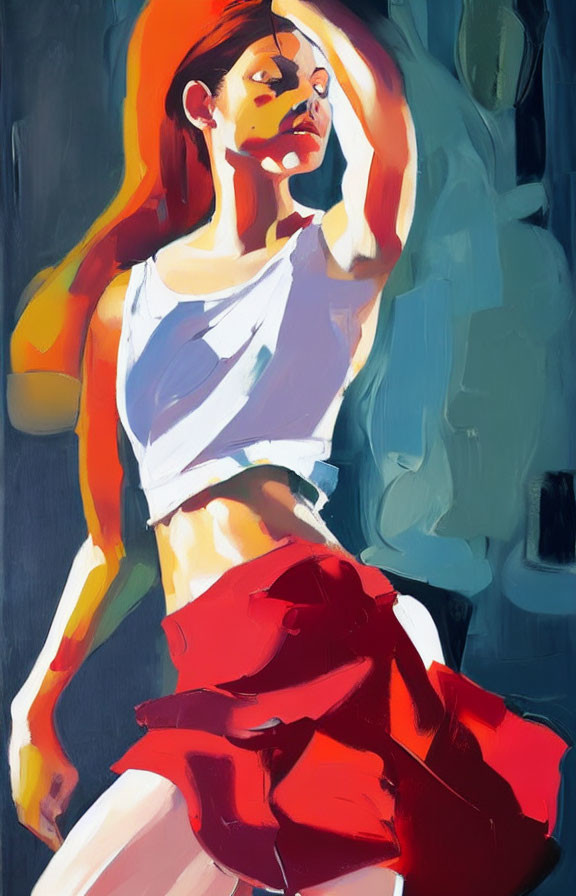 Abstract painting of woman with red hair in white top, bold colors