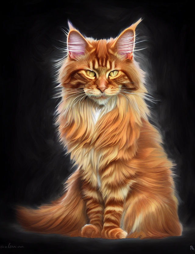 Long-Haired Ginger Cat with Amber Eyes Sitting Up Straight