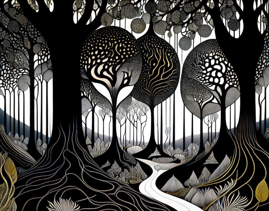 Detailed black and white forest illustration with patterned trees and winding path