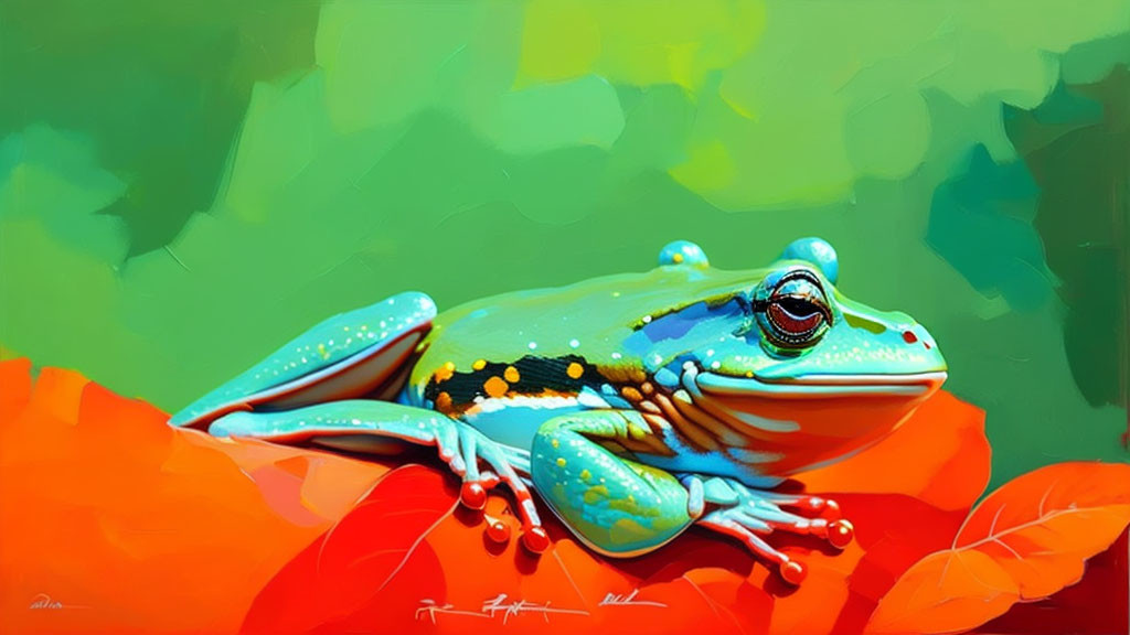 Colorful painting of green frog with blue accents and orange spots on orange foliage.