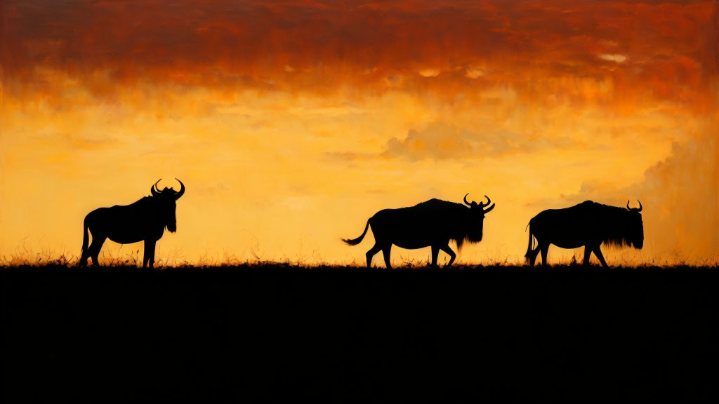 Three Wildebeests Walking Silhouetted Against Orange Sunset Sky