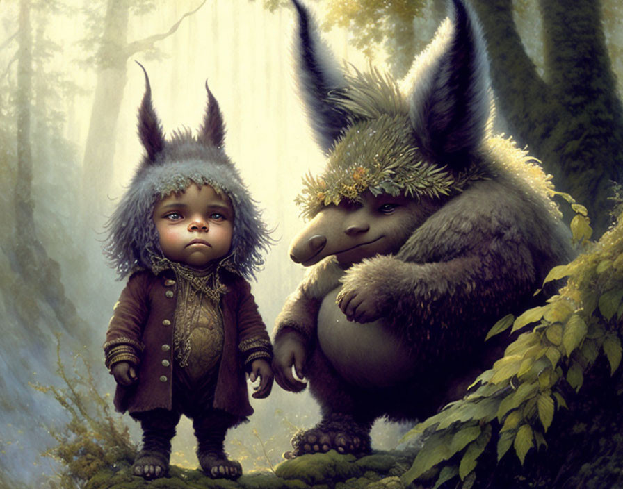 Child in coat and furry hat with gentle mythical creature in serene forest.